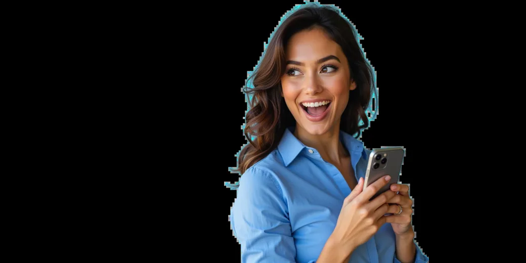 Mulher segurando o celular e sorrindo, ilustração da TopX no telefone